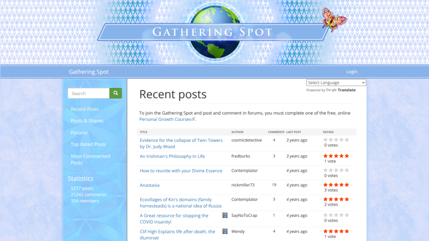 Gathering Spot homepage displaying recent posts with ratings and navigation options.