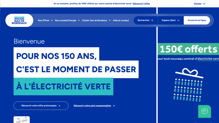 Gaz de Bordeaux homepage promoting 150 years anniversary with offer to switch to green electricity and navigation menu