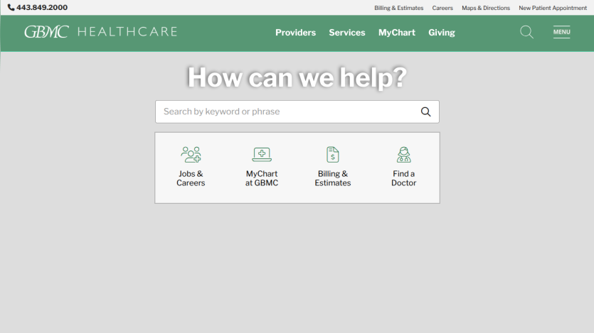 GEMC Healthcare homepage with search bar and navigation options for jobs, MyChart, billing, and finding a doctor