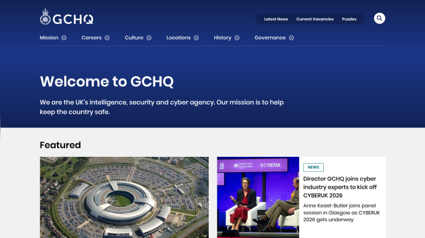 Homepage of GCHQ with welcome message and featured articles.