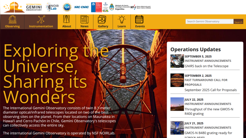 Homepage of the International Gemini Observatory highlighting its mission and operations updates.