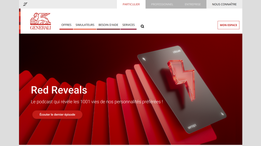 Homepage featuring 'Red Reveals' podcast promotion with a striking red design.