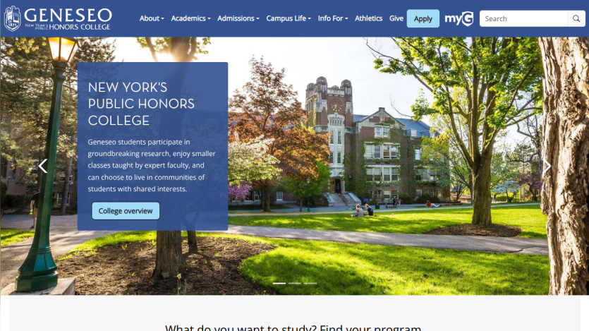 Geneseo's Public Honors College homepage featuring campus image and overview button.