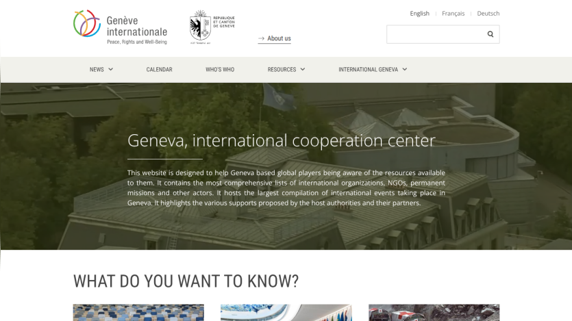 Homepage of Geneva International Cooperation Center with navigation and introductory text.
