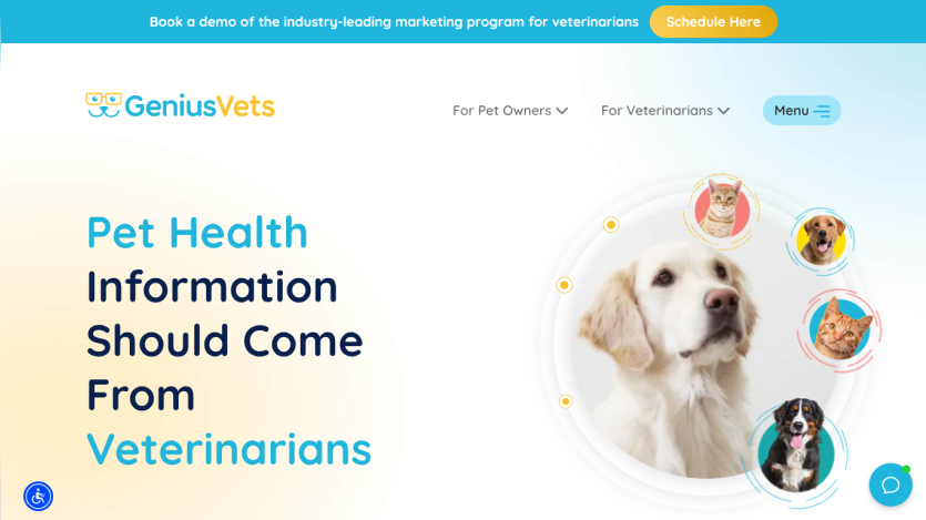 GeniusVets homepage with navigation, call to schedule a demo, and pet health information from veterinarians message alongside pet images