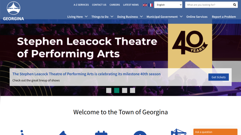 Town of Georgina website highlighting Stephen Leacock Theatre's 40th season with navigation and search bar