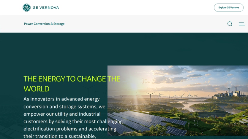 GE Vernova homepage featuring energy solutions and sustainability message.