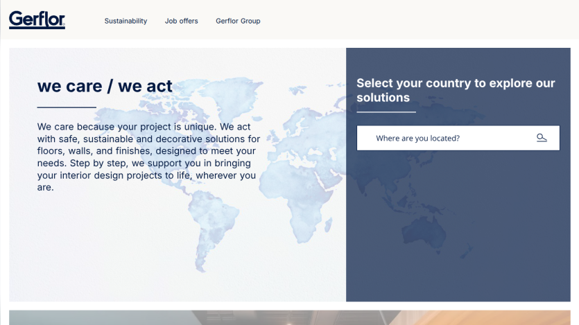 Gerflor homepage with sustainability and job offers links, message about safe and decorative solutions, and country selection search