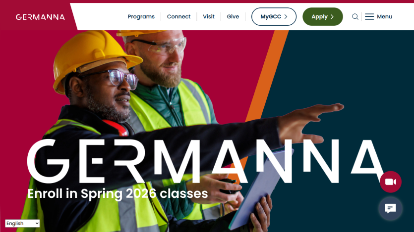 Germanna college website hero with enrollment call for Spring 2026 classes and navigation menu