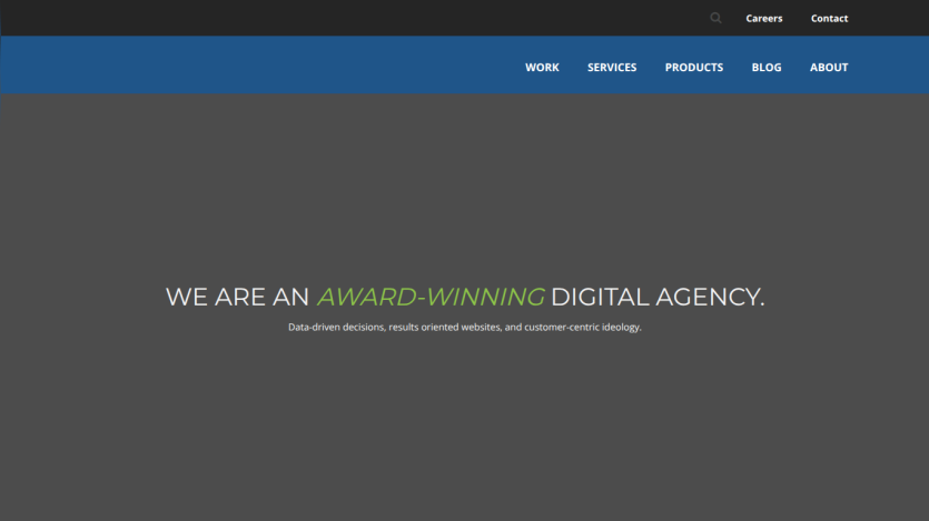 Homepage of a digital agency stating they are an award-winning agency.