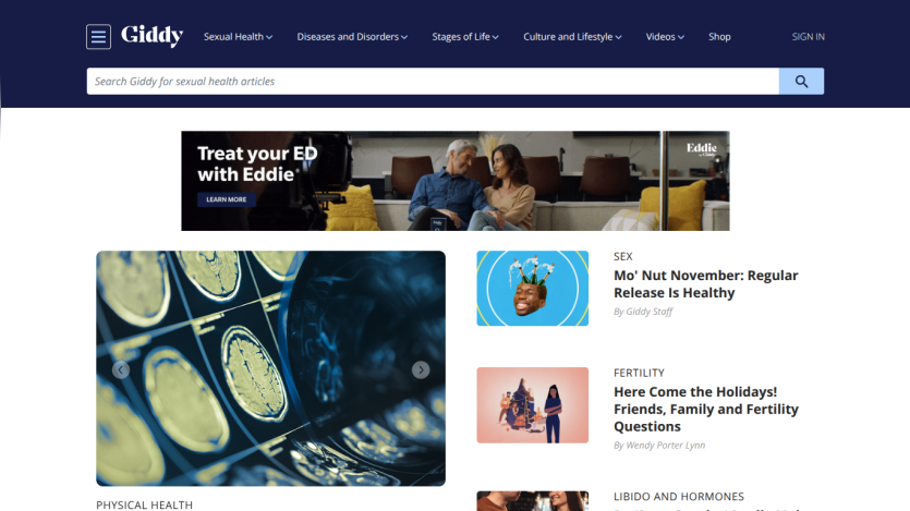 Giddy website homepage with sexual health navigation, search bar, ED treatment ad, and articles on sex, fertility, and hormones
