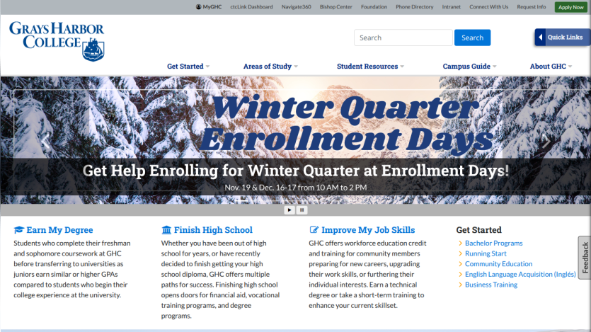 Grays Harbor College homepage with Winter Quarter Enrollment Days banner and links to degree, high school, and job skills programs