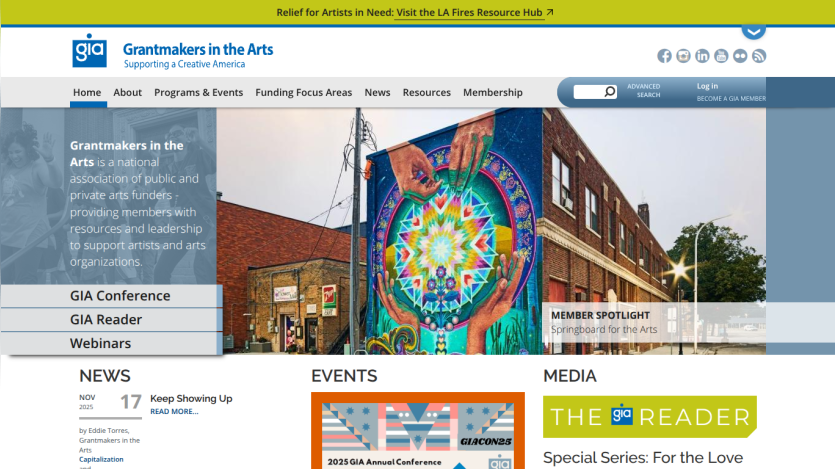 Grantmakers in the Arts homepage with navigation, colorful mural hero image, news, events, and media sections