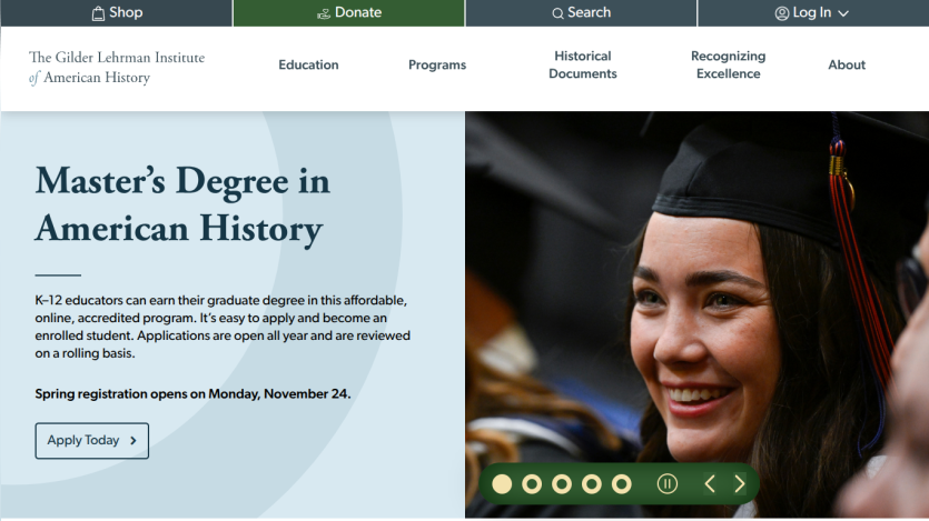 Master's Degree in American History program details with application date.