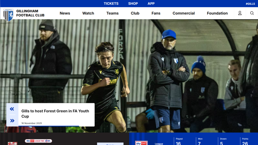 Gillingham Football Club homepage with navigation menu and news about hosting Forest Green in FA Youth Cup
