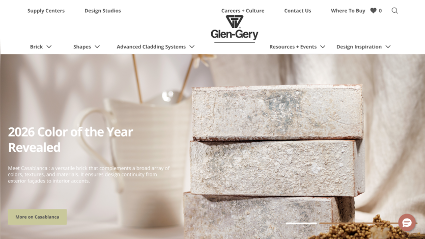 Glen-Gery website showcasing 2026 Color of the Year Casablanca brick with description and navigation menu