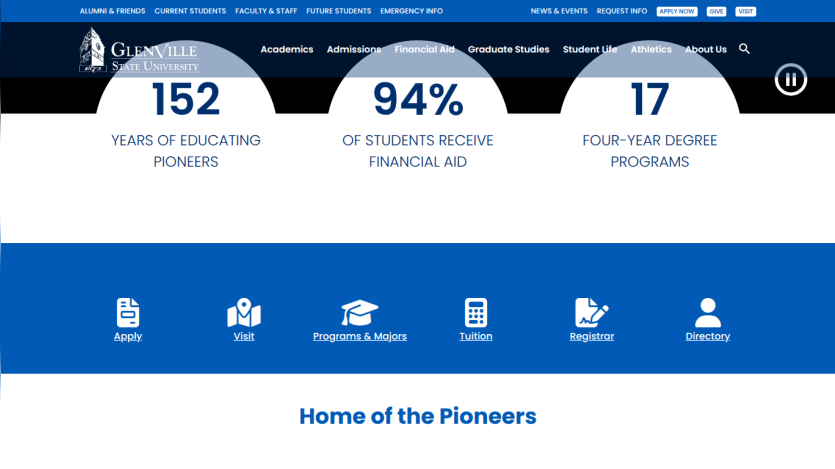 Glenville State University homepage with stats on years educating pioneers, financial aid, and degree programs