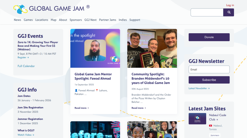 Homepage of Global Game Jam featuring events, info, and newsletter signup.