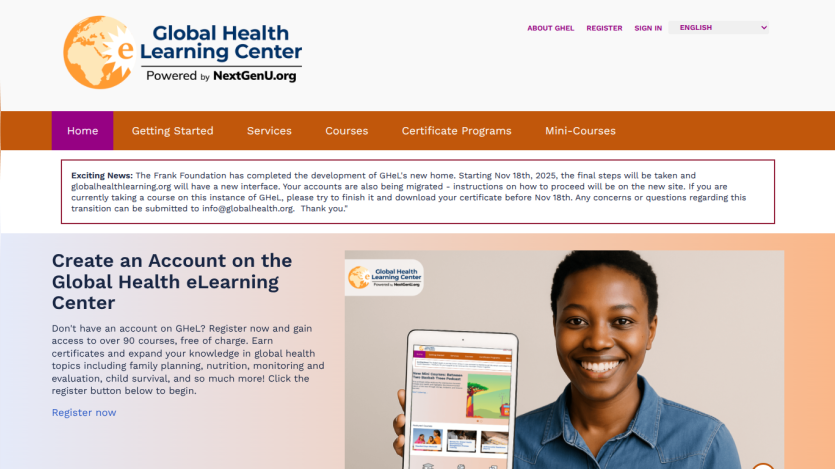 Global Health eLearning Center homepage with registration invitation and smiling person holding tablet showing courses