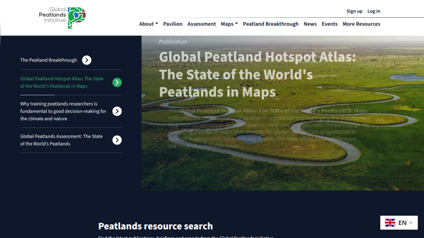 Global Peatlands Initiative homepage featuring Global Peatland Hotspot Atlas publication with overview and navigation menu