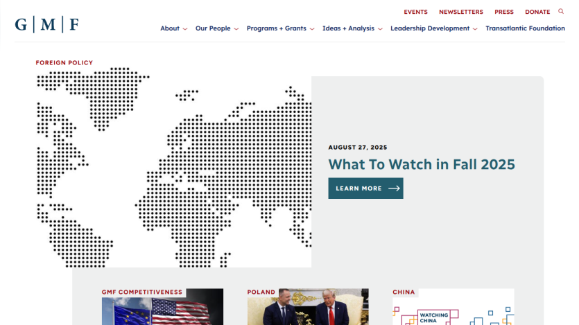 Homepage of GMF featuring a world map and a headline about upcoming events in Fall 2025.