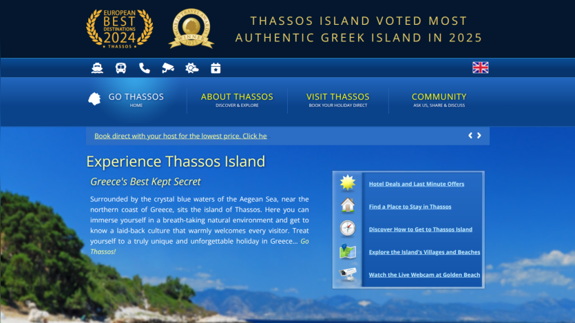 Thassos Island tourism site highlighting it as the most authentic Greek island in 2025 with travel info and hotel deals