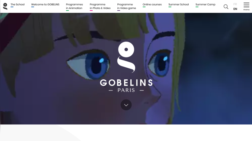 Homepage of Gobelins Paris featuring an animated character's face and logo.