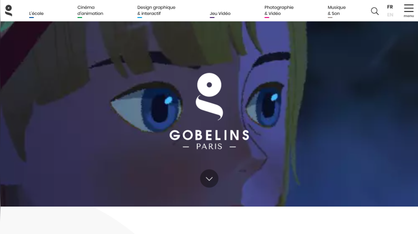Gobelin Paris website with navigation menu and animated character close-up in hero section