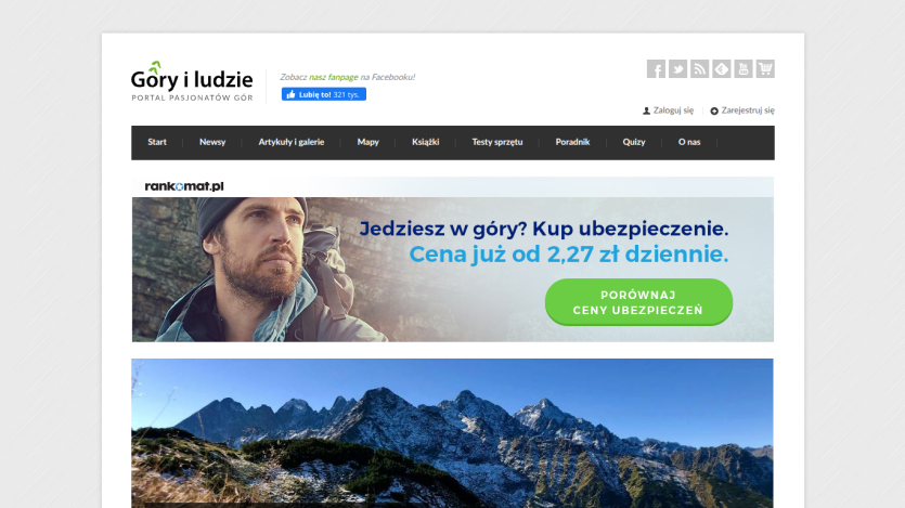 Mountain enthusiasts portal with navigation menu, insurance banner, and mountain landscape hero image