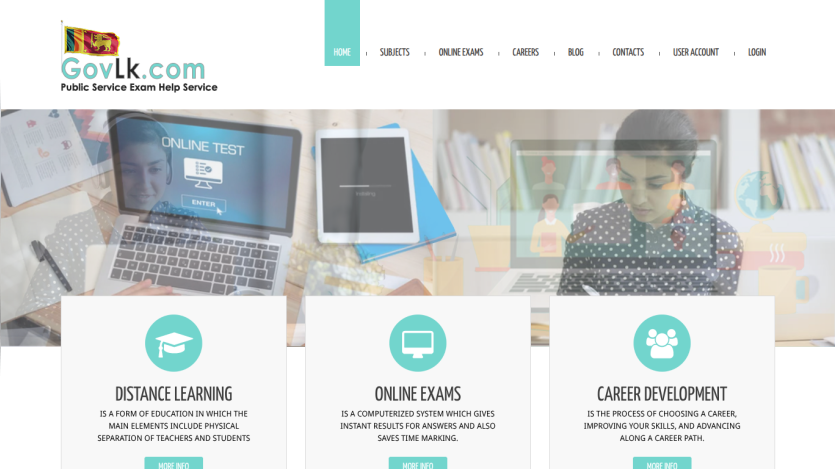 Homepage featuring services like Distance Learning, Online Exams, and Career Development.