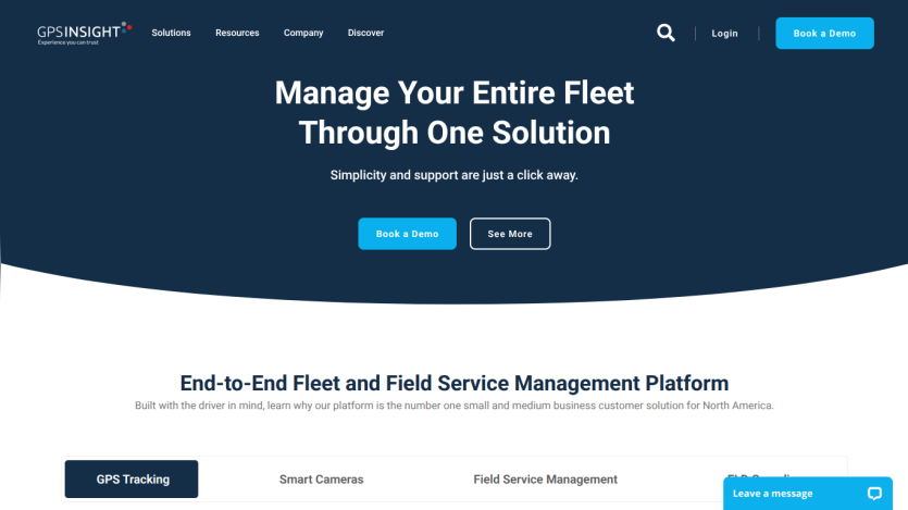 Fleet management solution with call-to-action buttons and service descriptions.