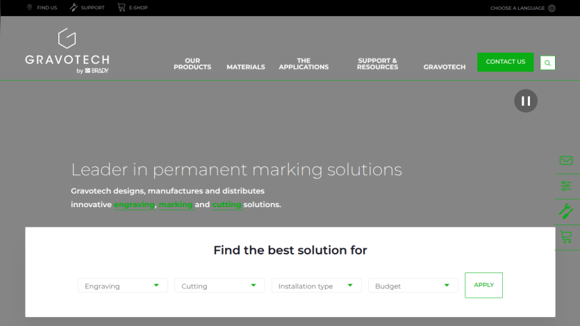 Gravotech homepage with navigation and a hero section offering permanent marking solutions and a filter to find the best solution
