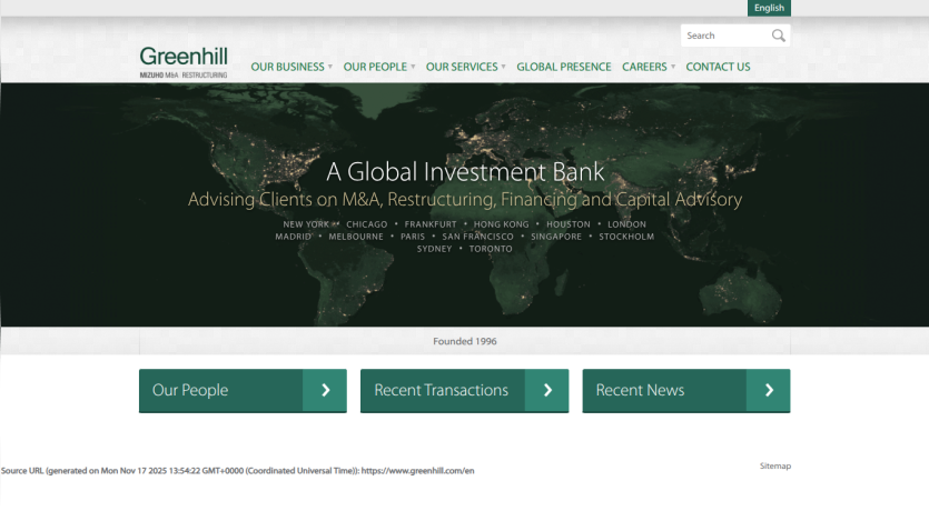 Greenhill global investment bank homepage with navigation and world map background highlighting global presence