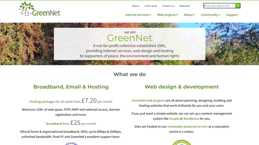 GreenNet homepage showing internet services and web projects with pricing and ethical broadband details