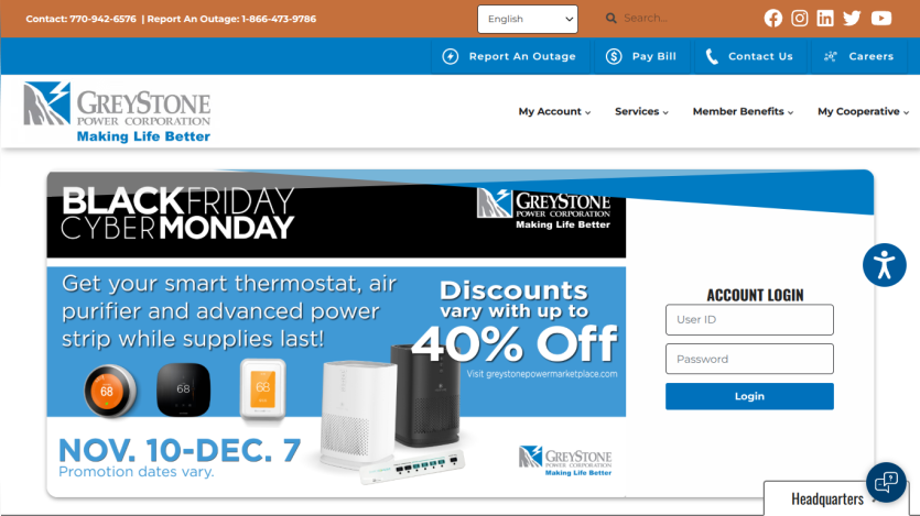 Greystone Power Corporation homepage with Black Friday Cyber Monday discounts up to 40% off on smart thermostats, air purifiers, and power strips, and account login form