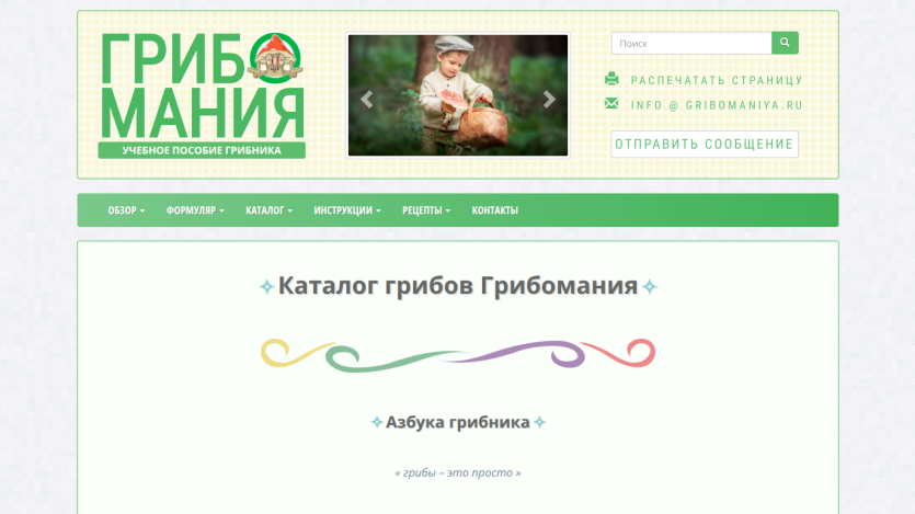 Homepage of Грибомания featuring a mushroom catalog and a child in a forest.