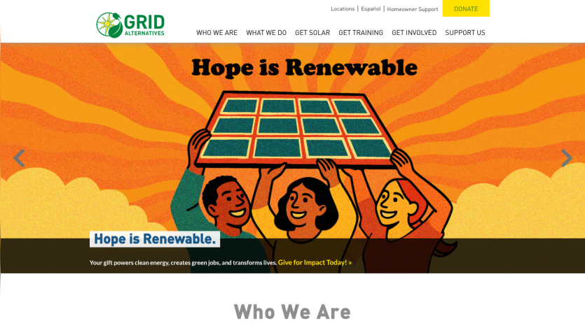 GRID Alternatives homepage with a renewable energy theme showing diverse people holding a solar panel and text 'Hope is Renewable'
