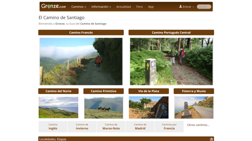 Homepage for El Camino de Santiago with navigation and featured images of trails.