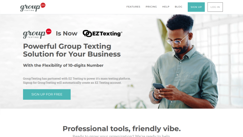 Group texting solution for businesses with a call to action to sign up for free.