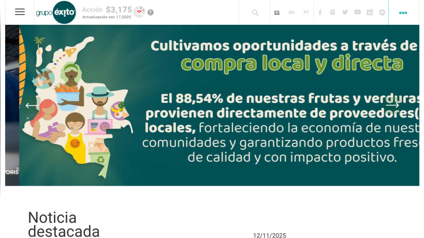 Grupo Éxito website showing stock price and a banner about supporting local and direct purchase of fruits and vegetables
