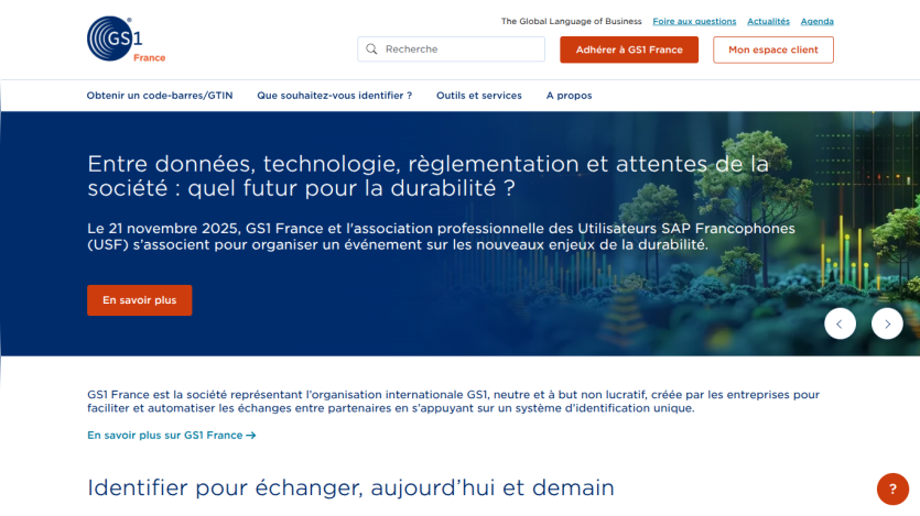 GS1 France homepage with event announcement on sustainability and navigation menu in French