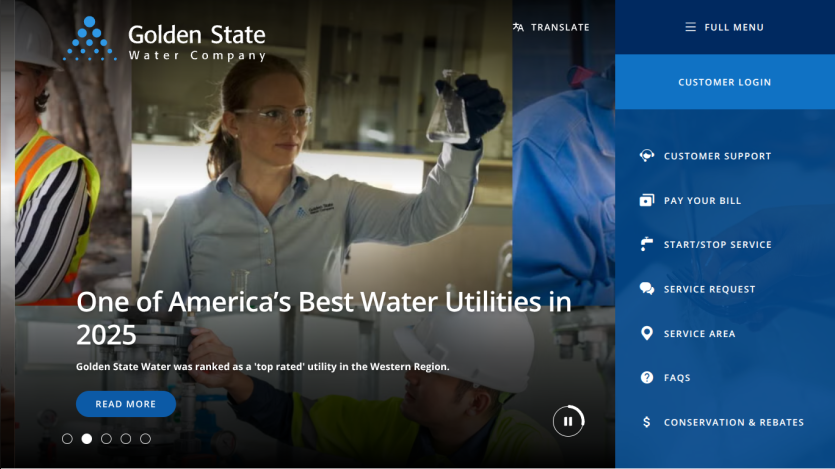 Golden State Water Company homepage featuring a scientist in a lab and navigation menu with customer options