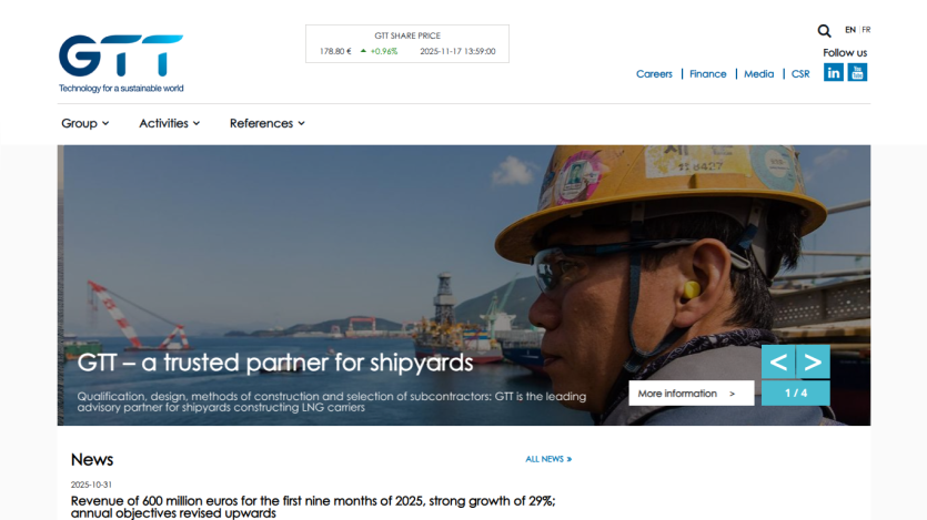 GTT website showing share price, navigation menu, and hero section about shipyard partnership with LNG carriers