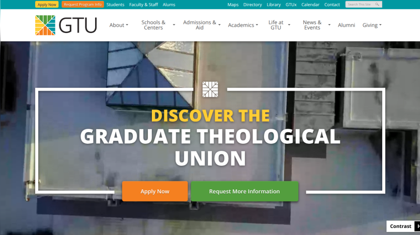 Graduate Theological Union homepage with navigation and call-to-action buttons for applying and requesting information