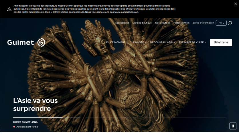 Guimet museum homepage with a large artistic sculpture and text 'L’Asie va vous surprendre' promoting Asian art exhibition