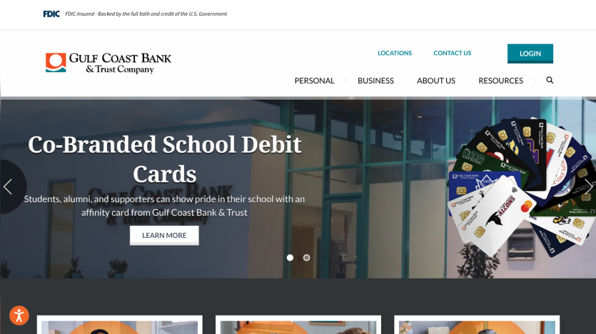 Gulf Coast Bank homepage featuring co-branded school debit cards with a call to action to learn more