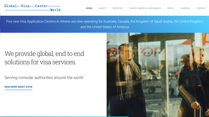 Visa services website with navigation menu and announcement of new visa centers in Athens, offering global visa solutions