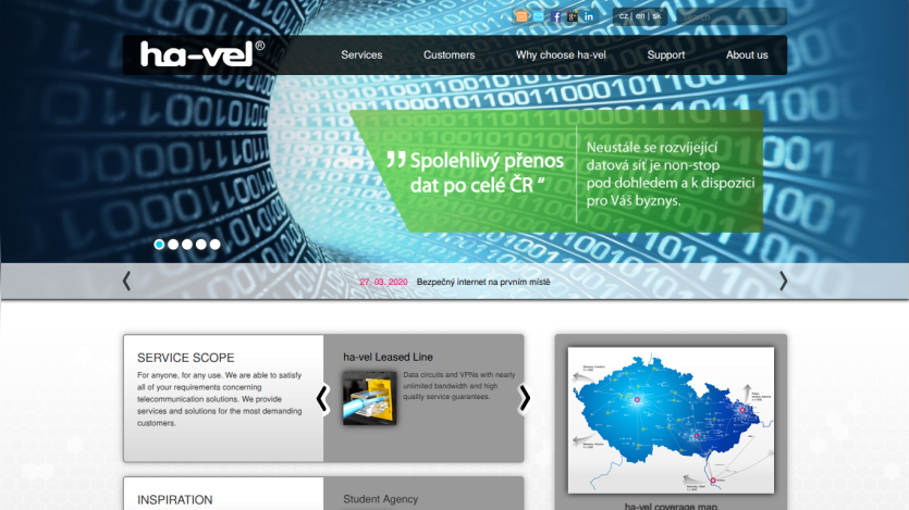 ha-vel website with navigation menu, a data transmission quote in Czech, service scope description, and a coverage map of the Czech Republic