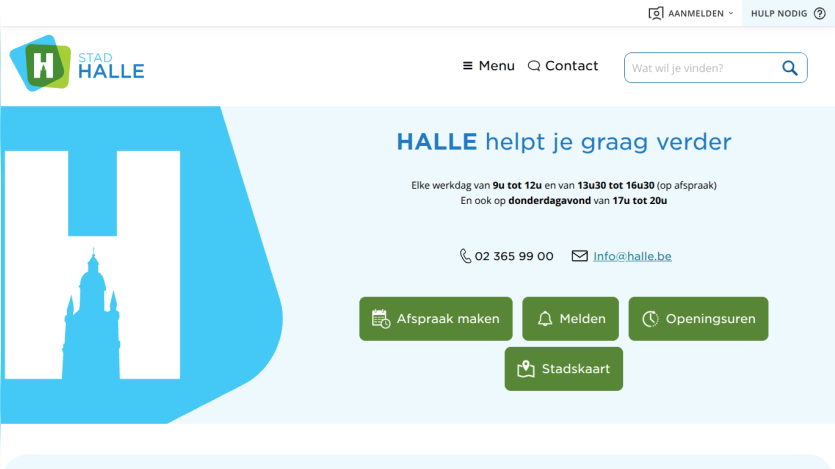 City of Halle website with contact info, opening hours, and buttons for appointments, reports, and city map