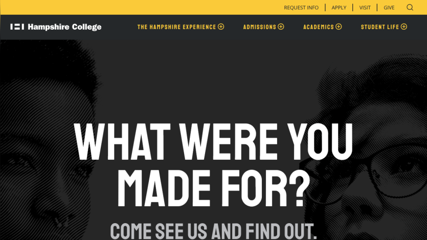 Hampshire College homepage featuring a bold question and invitation to visit.